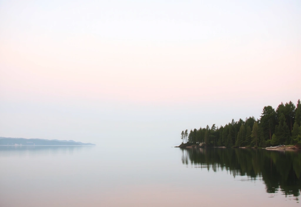 A tranquil mountain lake reflecting the sky, surrounded by lush green trees, evoking peace and serenity.