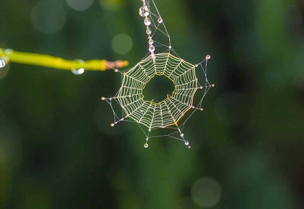 A close-up of dew drops on a delicate spiderweb, glistening in the morning light, symbolizing interconnectedness.