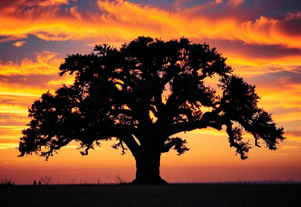 A lone tree silhouetted against a vibrant sunset sky, representing strength and rootedness.