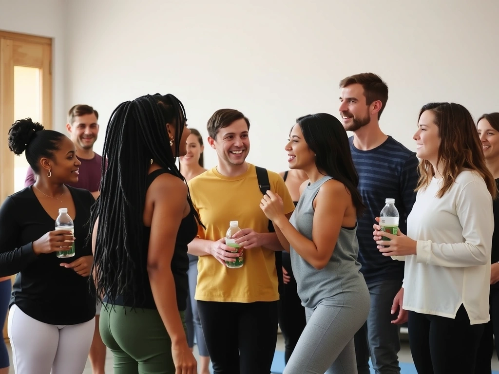 A group of diverse individuals laughing and interacting after a yoga class, showcasing community and friendship.
