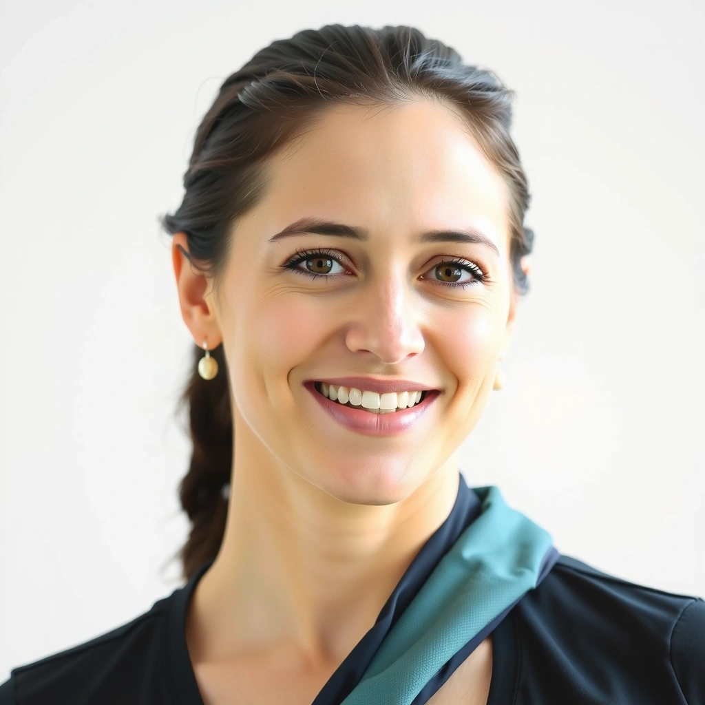 Portrait of a smiling yoga instructor, radiating calm and expertise.