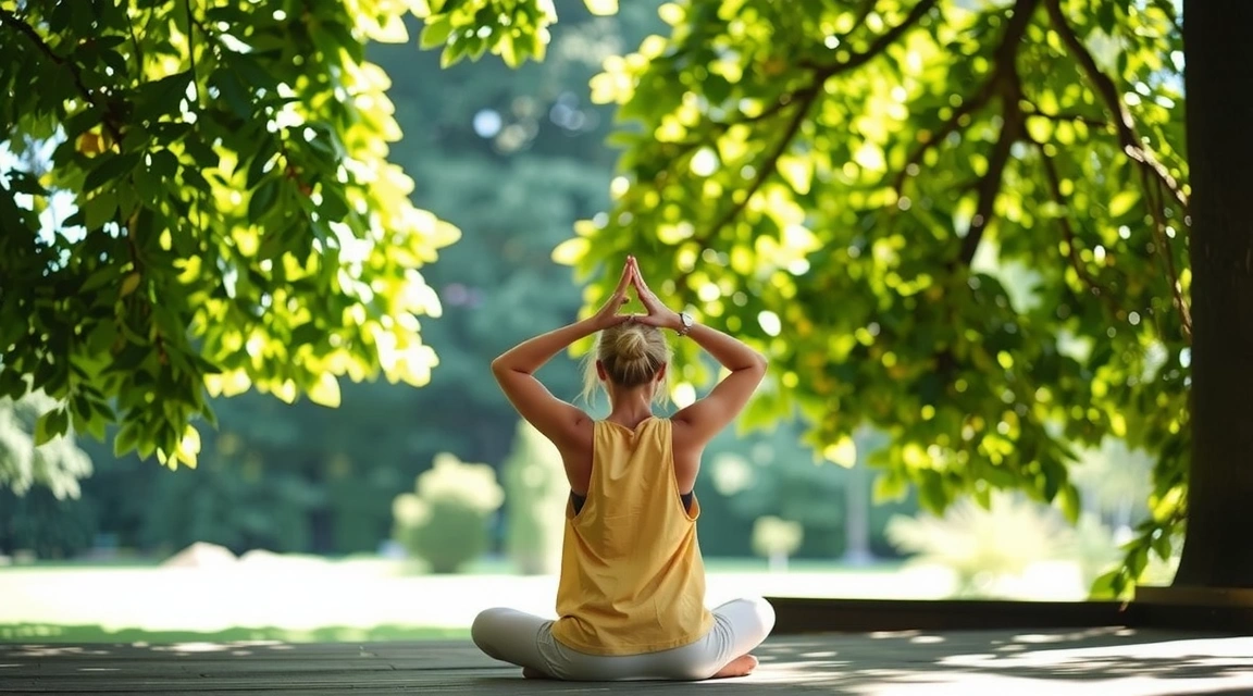 Person meditating in a serene natural setting, surrounded by lush greenery and soft sunlight.
