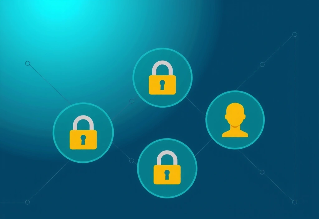 Digital representation of secure online accounts, with lock icons and user profiles.
